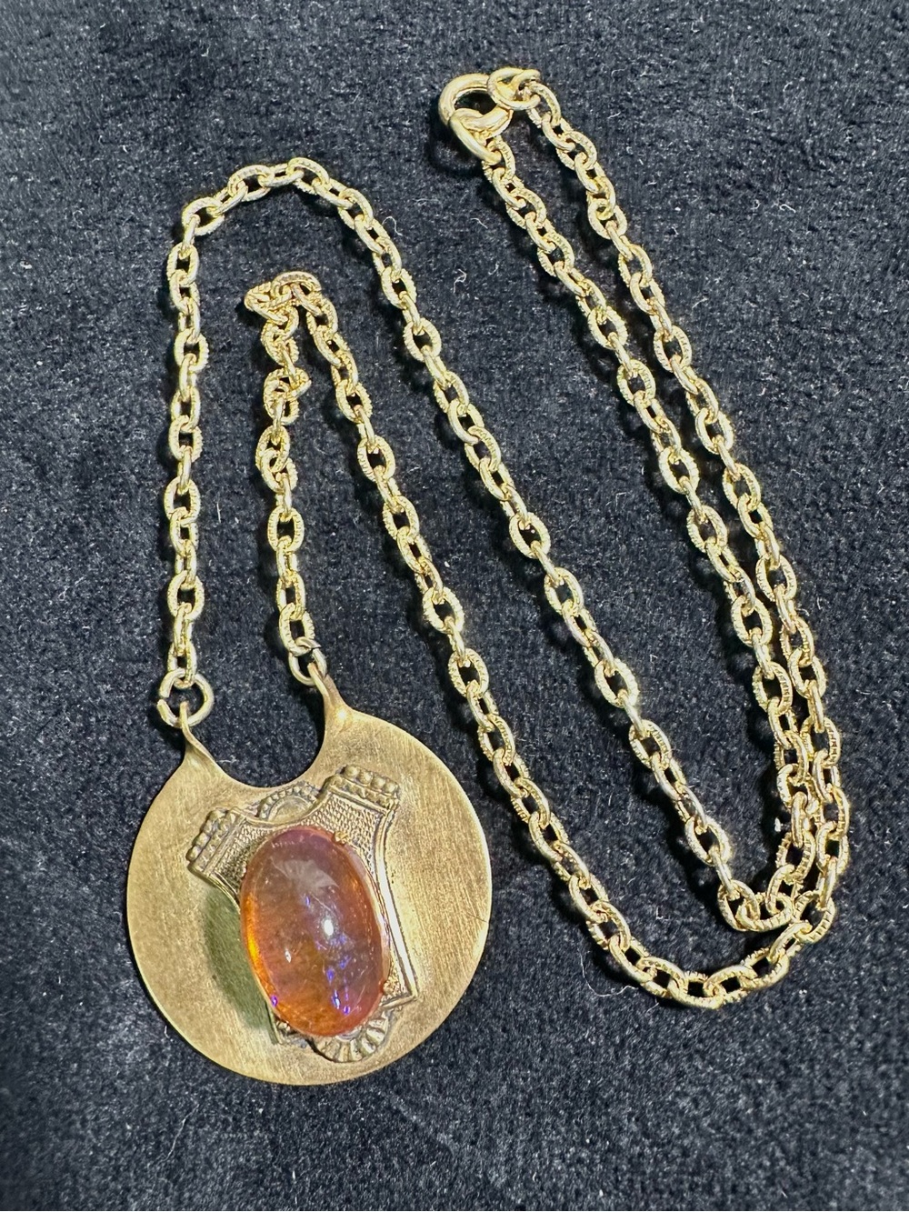 Vtg: Glass Dragons Breath Cabochon Brass Pendant Necklace - Picture 3 of 11